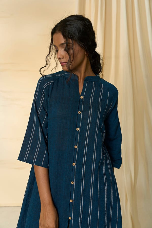 Denim Blue Striped Kala Cotton Long Shirt Kurta — ALTER NATIVE