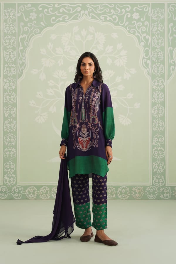 Purple and Green Printed Bemberg Crepe Kurta Set — NEETIKA CHOPRA