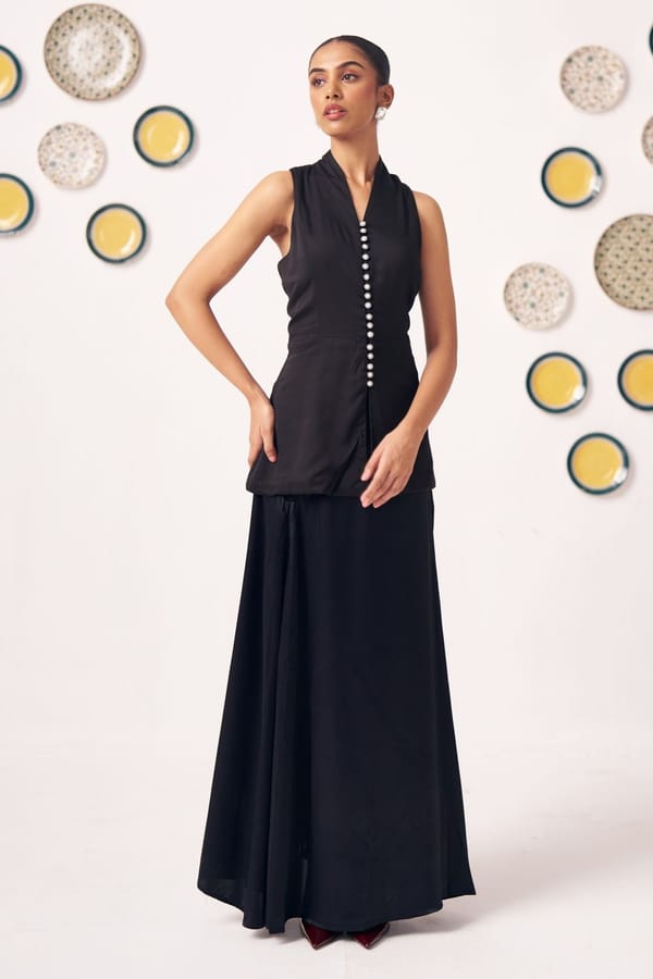 Black V-Neck Sleeveless Pearl Button Waistcoat-Style Top — Western Era