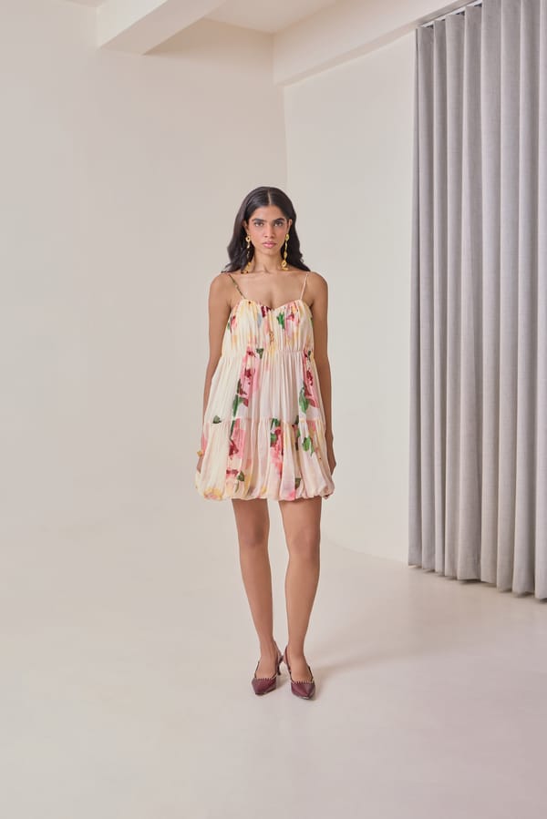Peach Floral Bubble Hem Mini Dress — Needle Ten