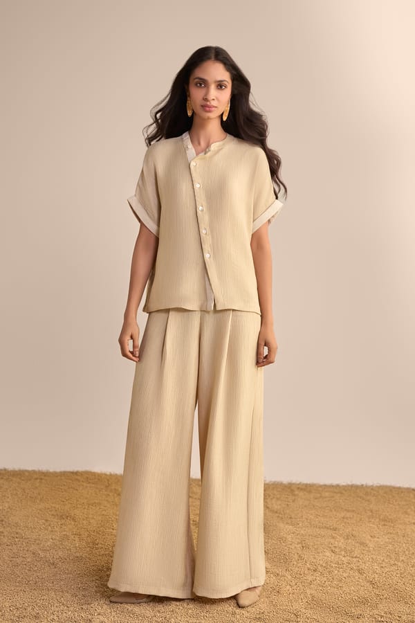 Textured Asymmetric Shirt & Pleated Wide-Legged Pant — Dash and Dot