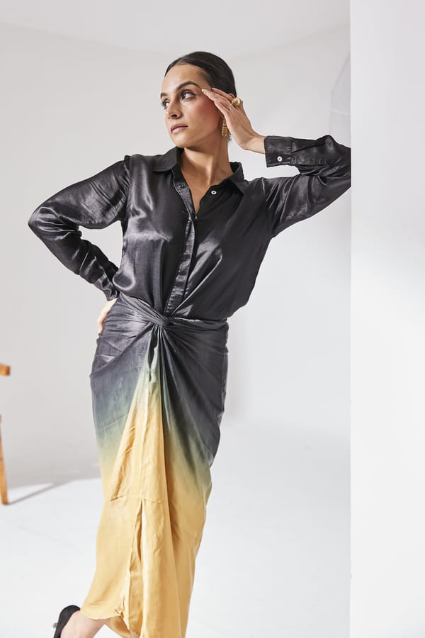 Black to Gold Ombre Shirt and Wrap Maxi Skirt Co-ord Set — DORABI