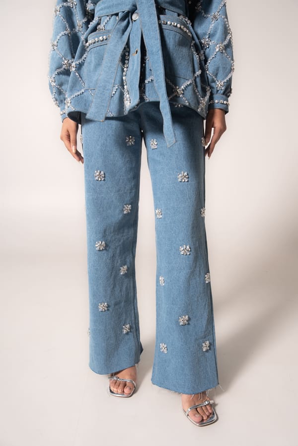 Light Blue Crystal Embellished High-Rise Flared Jeans — MAGIA