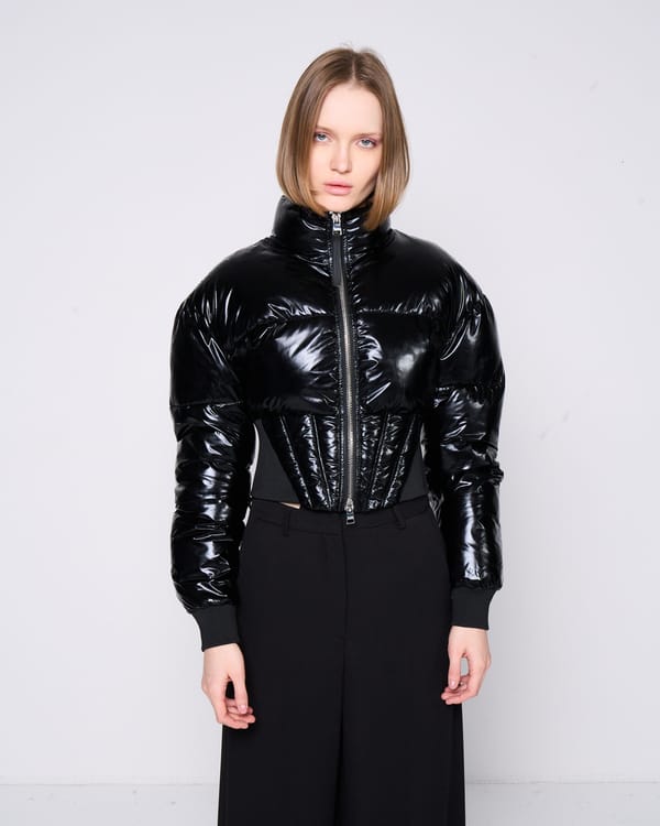 Black Cropped Glossy Puffer Jacket with Corset Waist — SILVIAN HEACH