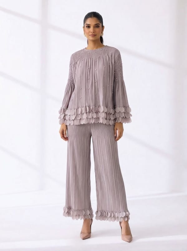Grey Pleated Top and Wide-Leg Pants Co-ord Set — Pleats by Aruni
