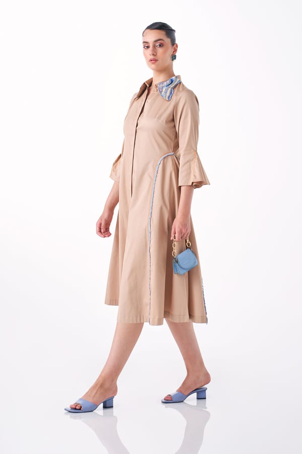Khakhi Cotton Satin Fit and Flare Midi Shirt Dress — Our Love