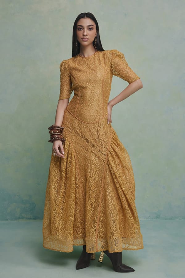 Yellow Chantilly Lace Basque-Waist Maxi Dress — Zabella