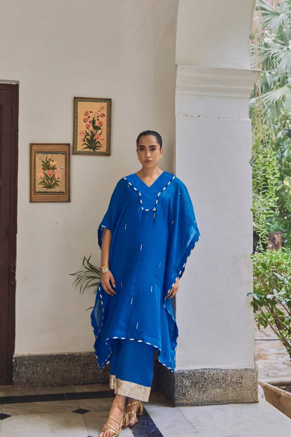 Blue Gauze Linen Kaftan Kurta Set with Gotta Patti Trim — YELL