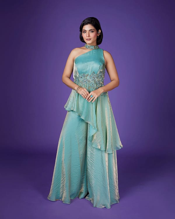 Aqua Blue One-Shoulder Shimmer Co-ord Set with Sharara — QUNIC