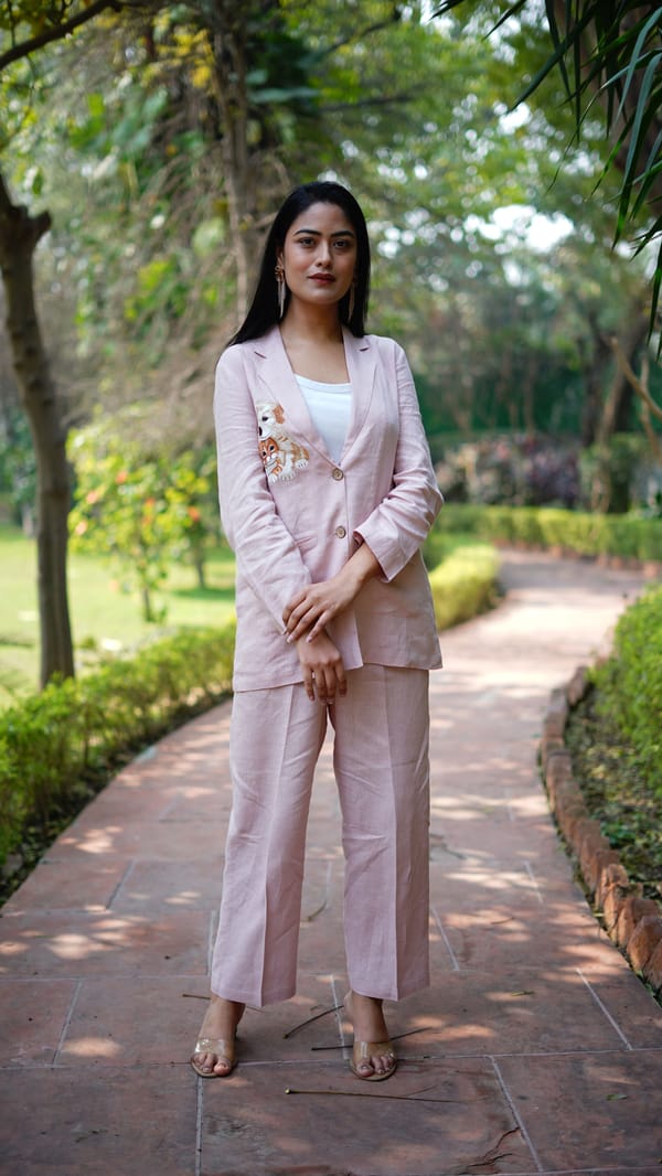 Light Pink Linen Blazer with Dog and Cat Embroidery — Linen Bloom