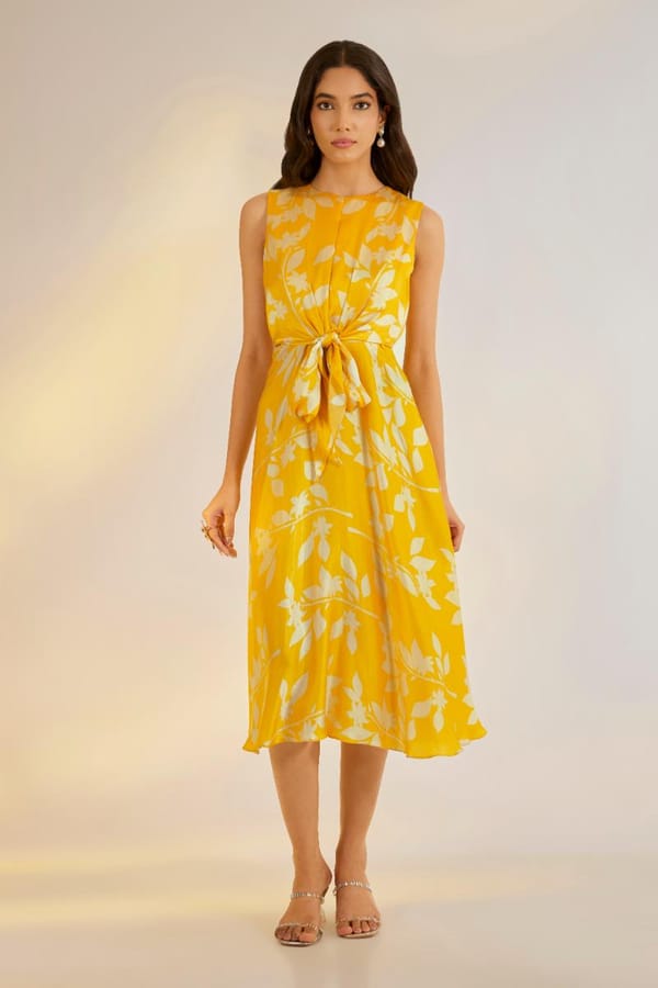 Yellow Floral Midi Dress with Waist Tie and Cut-Outs — EWOKE STUDIO
