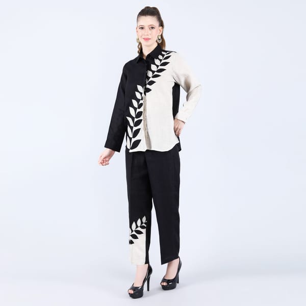 Beige and Black Linen Embroidered Shirt and Pants Co-ord Set — Linen Bloom