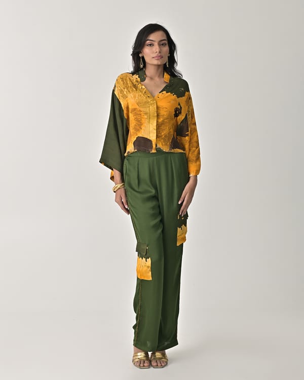 Olive Green Abstract Print Straight-Leg Cargo Trousers — Missy Co.