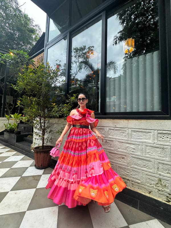 Orange/Pink One-Shoulder Ruffle Tiered Midi Dress — Zip by Payal Zinal