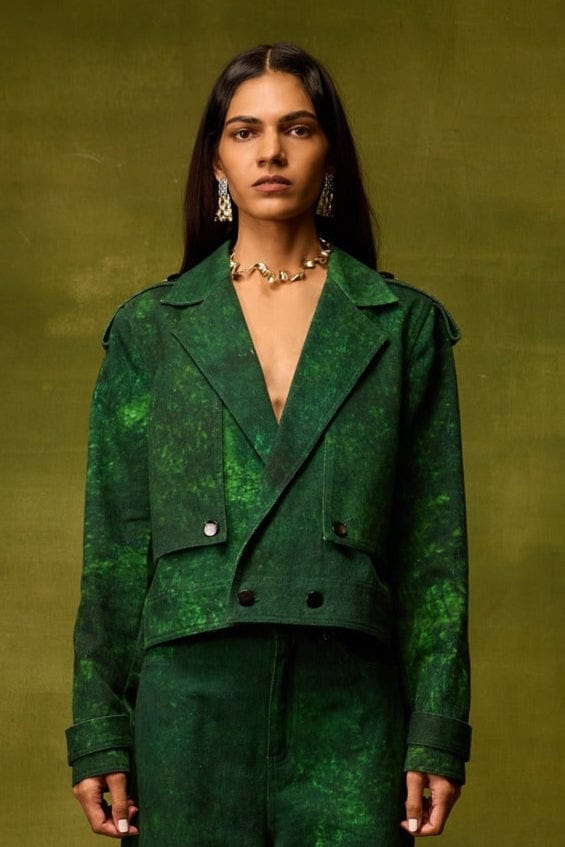 Green Printed Cropped Denim Double-Breasted Jacket — Pocketful Of Cherrie