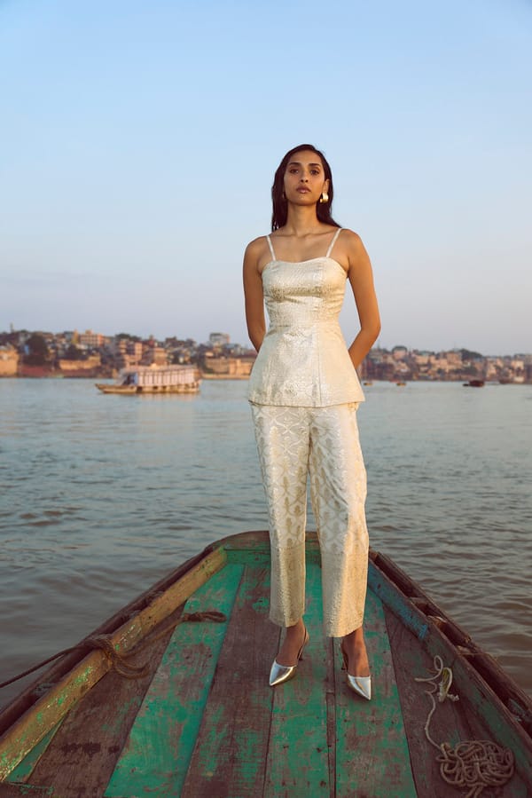 Ivory Brocade Wide-Leg Trousers with Lurex Motif — Dash and Dot