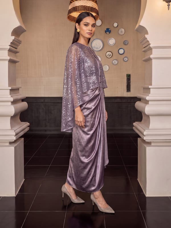 Purple Mauve Draped Crush Satin Midi Dress with Shimmer Cape — HOUSE OF FETT