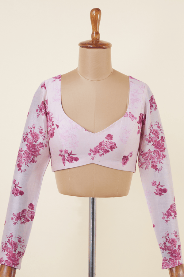 Pastel Pink Floral Chanderi Sweetheart Neck Blouse — Dressfolk