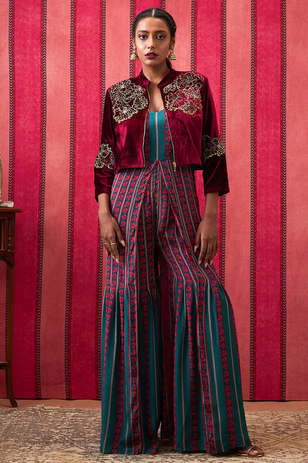 Mehr Printed Wide-Leg Jumpsuit with Embroidered Velvet Jacket — SOUP by Sougat Paul