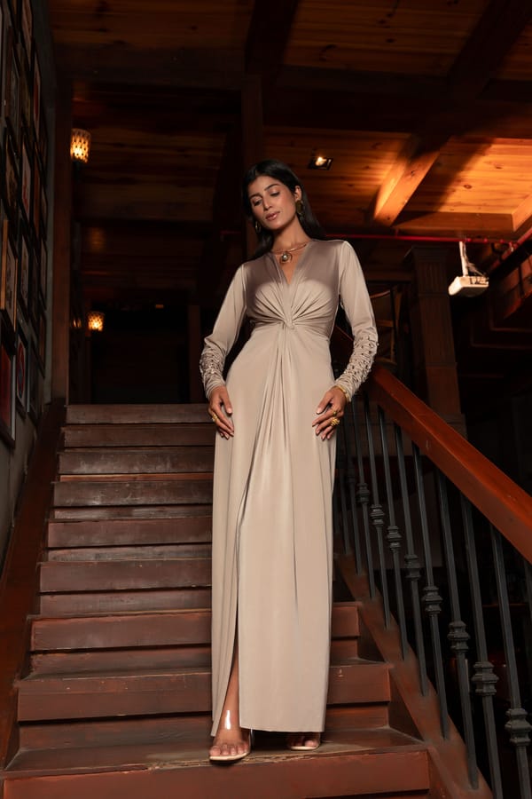 Grey Satin Lycra Maxi Gown with Twist Waist and Slit — Isha Sawhney