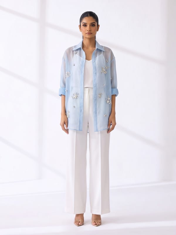Sky Blue Sheer Crystal-Embellished Longline Shirt — THE LUXURY DRESSING