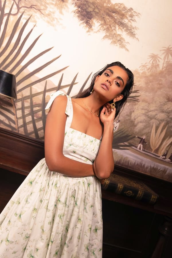 White and Green Ivy Print Tie-Strap Mini Dress — Sage by Mala