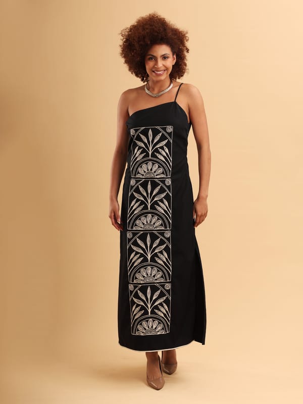 Black One-Shoulder Maxi Dress with Embroidered Panel — ANISETTE
