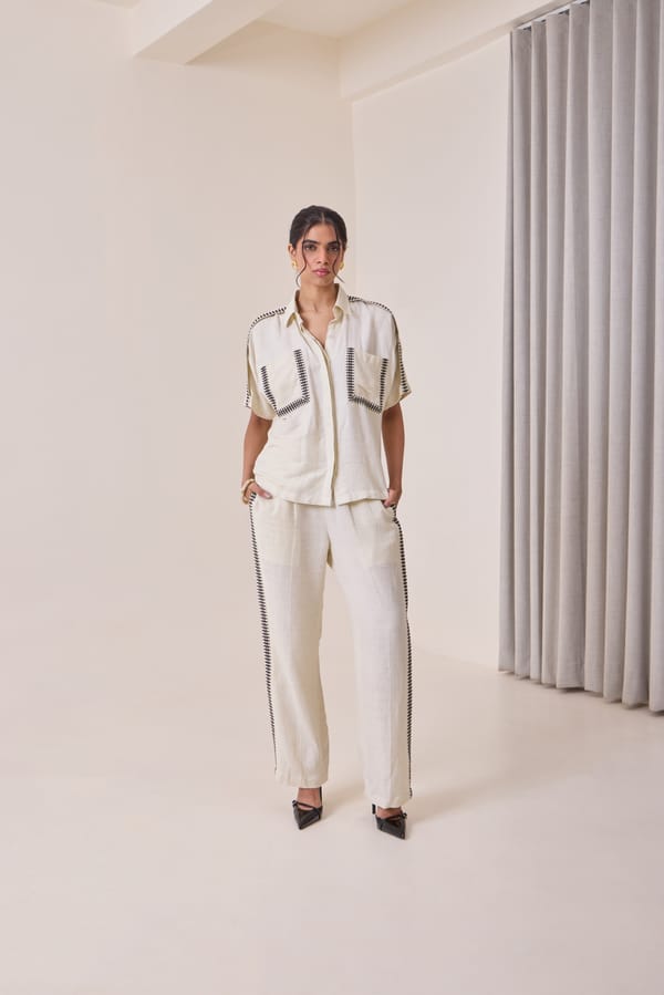 Beige Linen-Blend Shirt with Contrast Thread Work — Needle Ten