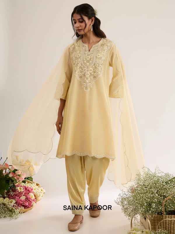 Soft Yellow Chanderi Long Choga with Salwar & Organza Dupatta — SAINA KAPOOR