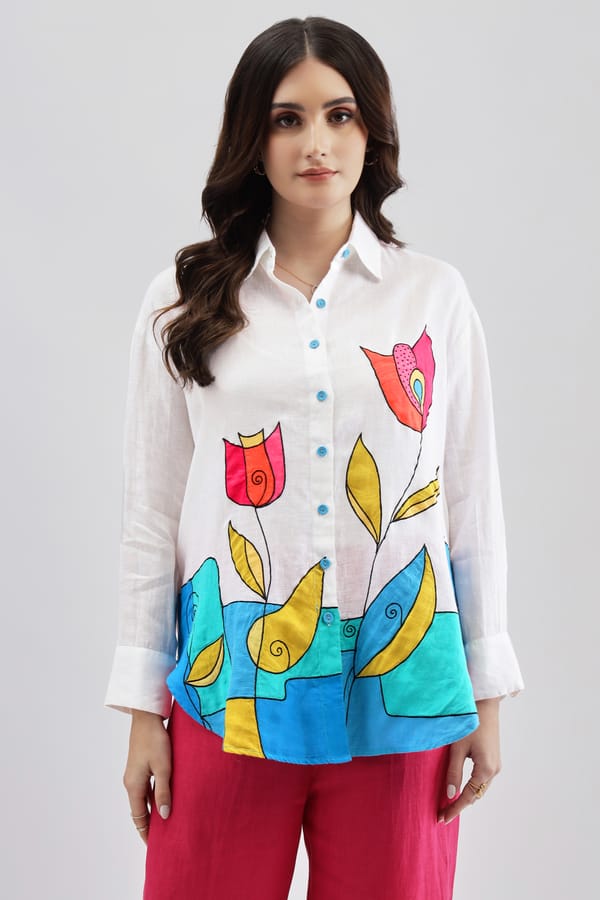 White Linen Printed Button-Down Shirt — Linen Bloom