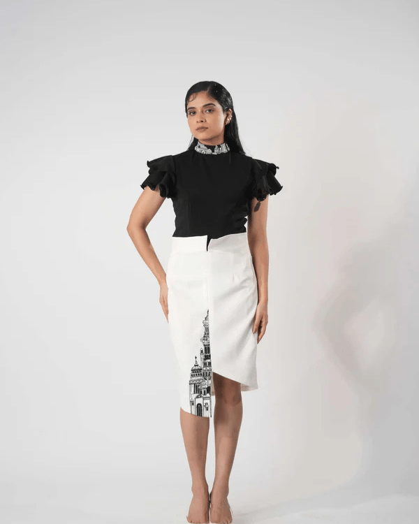 White High-Waist Pencil Skirt with Graphic Hem Detail — Orthodox