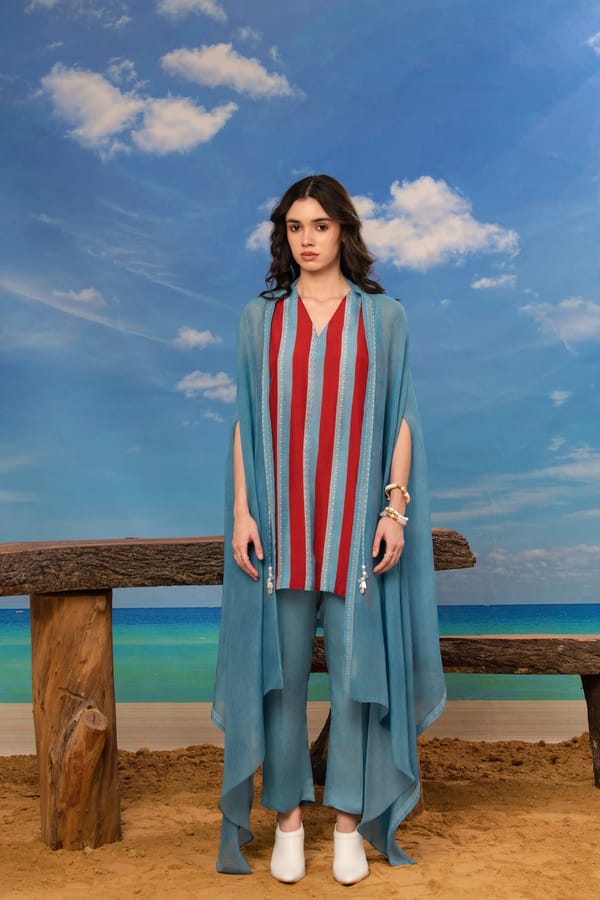 Blue and Red Striped Tunic and Pants Co-ord Set with Cape — ISHA GUPTA TAYAL