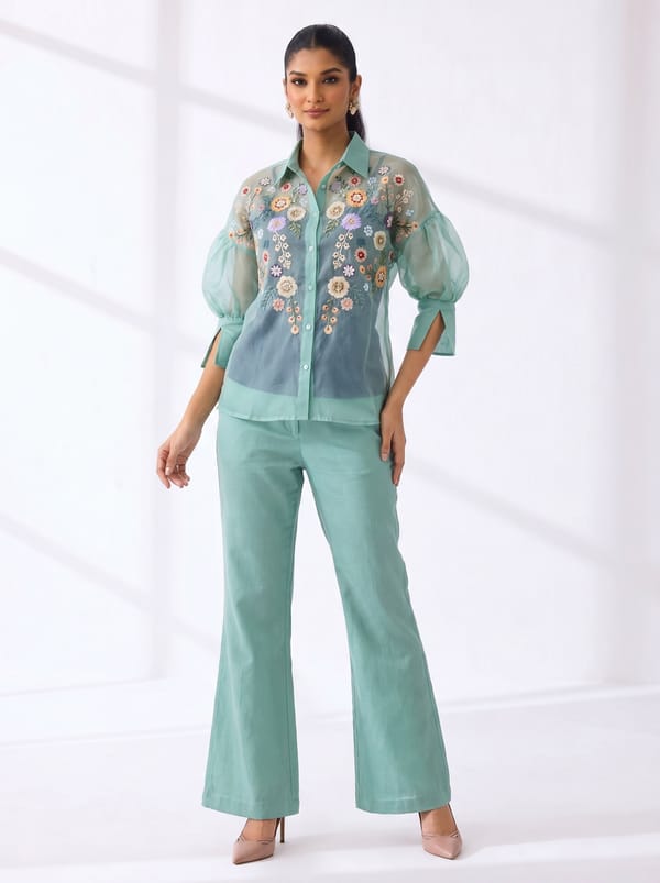 Sea Blue Embroidered Shirt and Flared Pants Co-ord Set — RUCHIKA MALLIKA LABEL
