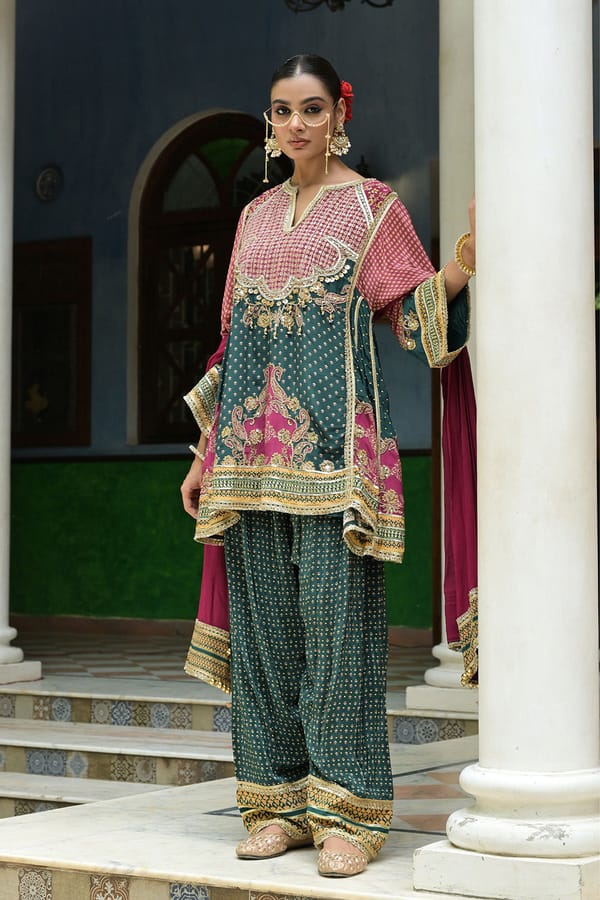 Teal Green Crepe Short Kurta With Printed Farshi Pants Dupatta — ISHUM By Karan Kapoor