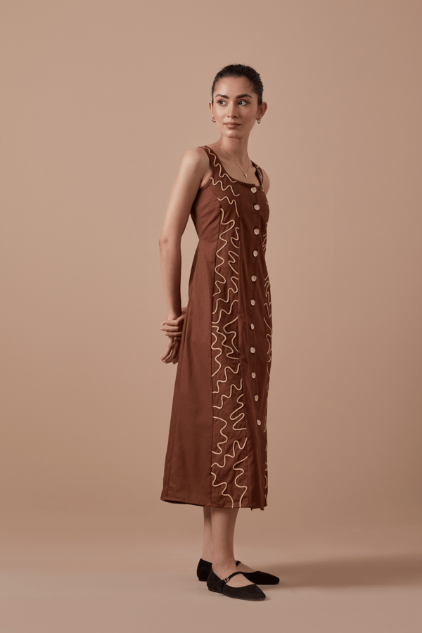 Brown A-Line Button-Down Midi Dress with Contrast Embroidery — SHIBUI