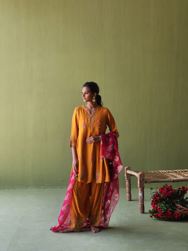 Burnt Orange Embroidered Short Anarkali Suit Set — Pooja Singhal