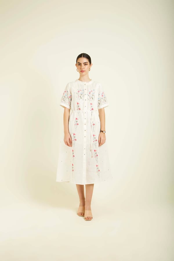 Ivory Printed A-Line Dress In Linen — Arcvsh Pallavi Singh