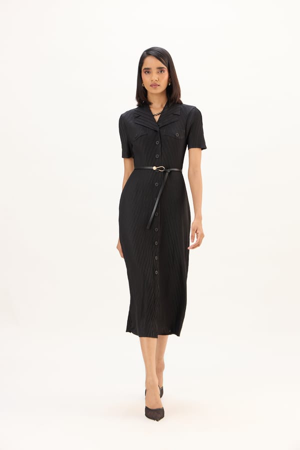 Black Pleated Belted Midi Shirt Dress with Lapel Collar — Scarlet Sage