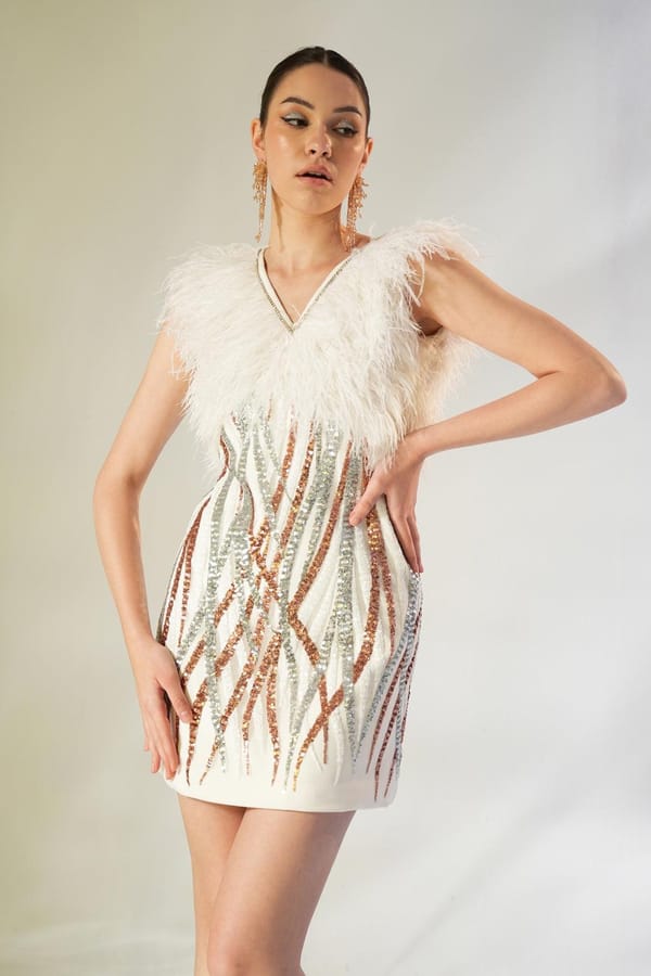 Ivory Sequin and Feather V-Neck Mini Dress — Label IRIS