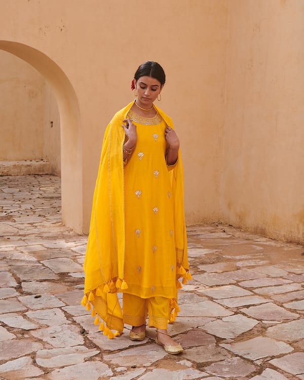 Mustard Bloom Gota Work Chanderi Festive Suit Set — Kameez