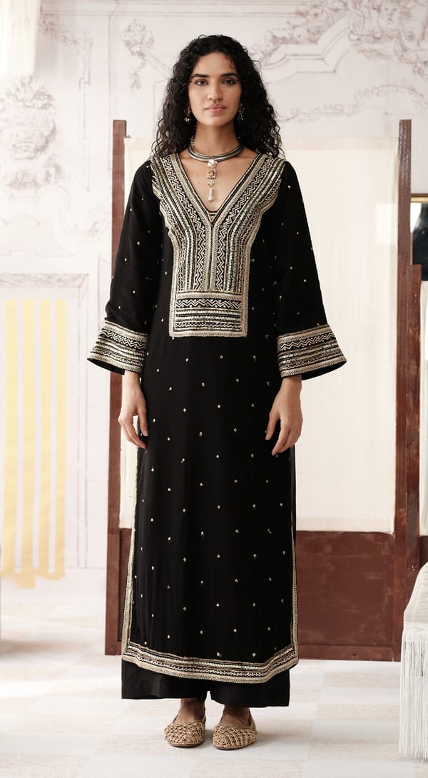 Black V-Neck Embroidered Kurta Palazzo Set — Basanti Kapde aur Koffee