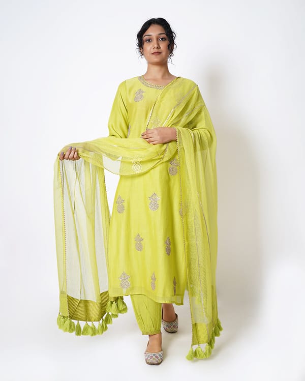 Lime Yellow Gota Work Chanderi Suit Set — Kameez
