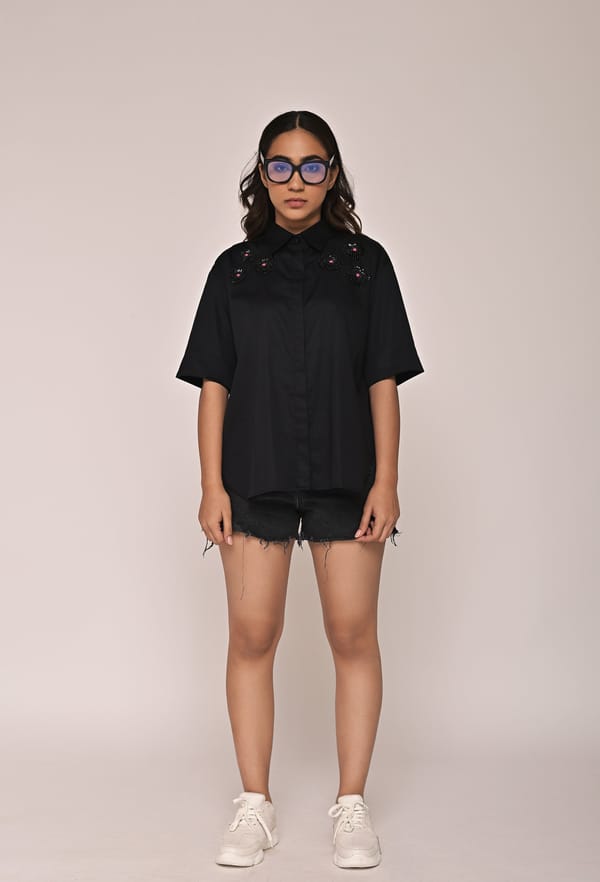 Black Cotton Satin Anti-Fit Shirt with Sequin Flowers — Escape By Aishwarya