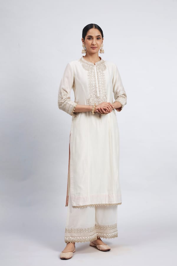 Ivory Straight Kurta Set with Tilla Embroidery — Sheetal Batra
