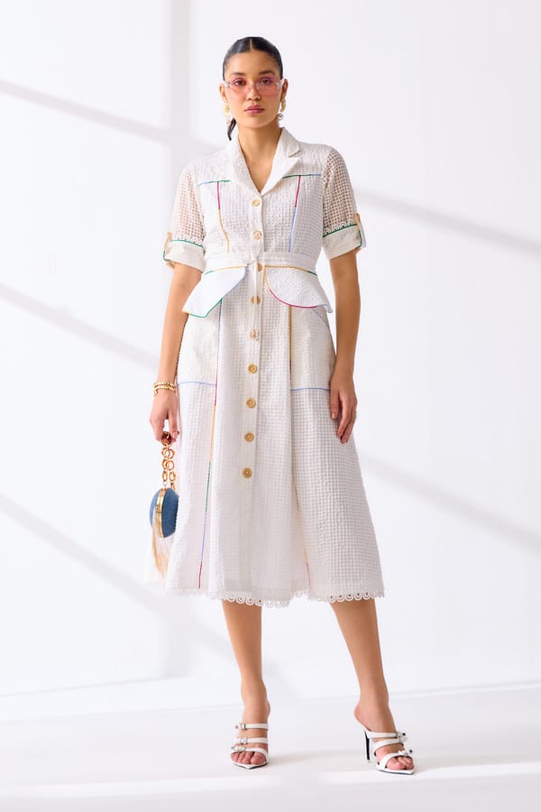 White Midi Shirt Dress with Contrast Piping and Belt — Our Love