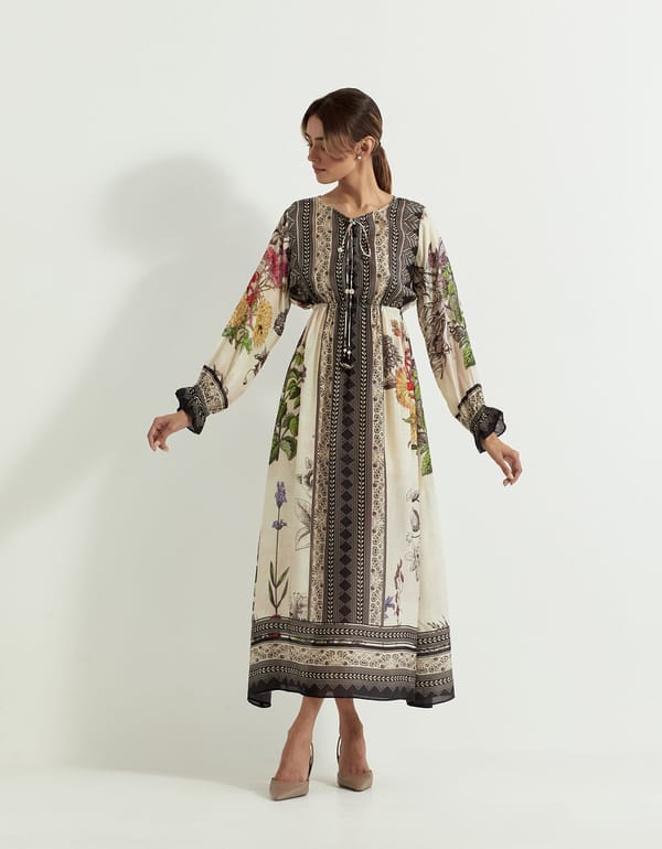 Botanical Print Modal Silk A-Line Maxi Dress — Kavita Bhartia