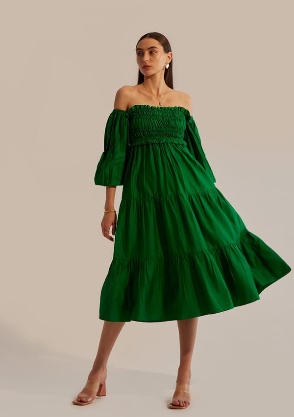Emerald Green Smocked Tiered Midi Dress — AMOSHI