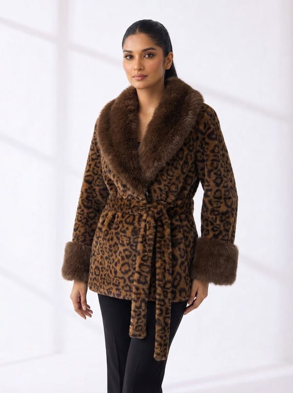 Leopard Print Faux-Fur Collar Belted Wrap Coat — MnM