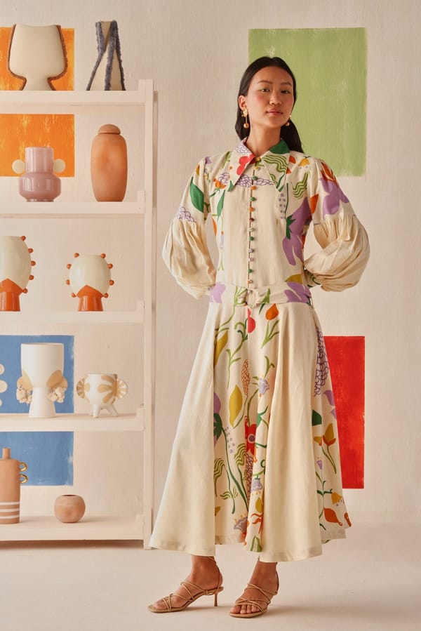 Cream Multicolour Floral Printed Midi Shirt Dress — Sage by Mala