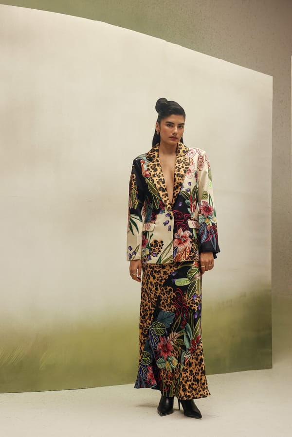 Beige Mixed-Print Tailored Satin Slub Blazer — SHOP NOIB